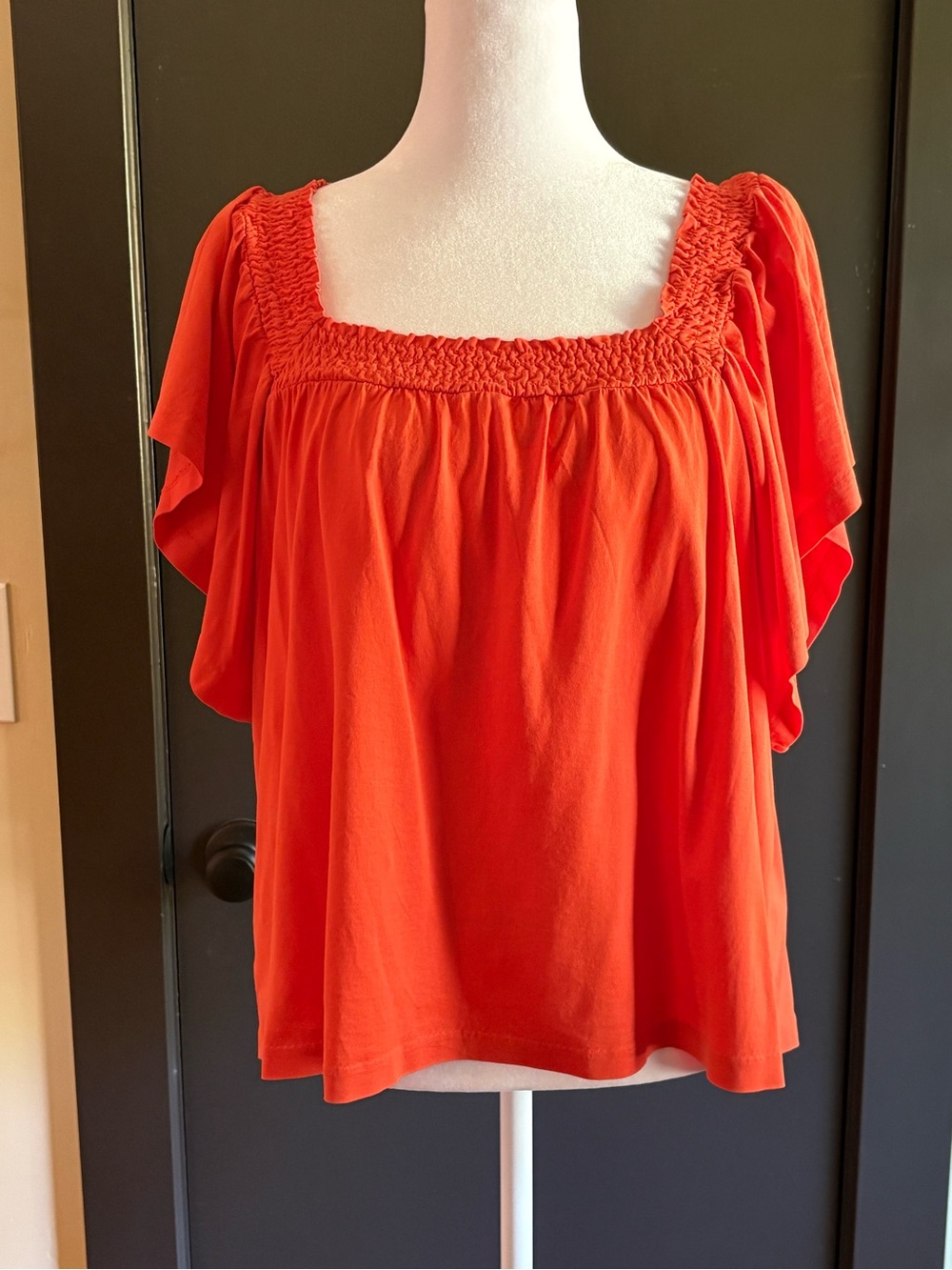 Orange cotton Smocked Square-Neck Flutter Sleeve Top